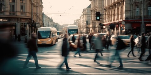 Fototapeta premium Lots of people walking around the city. Shot of cars and people in movemen. AI Generative