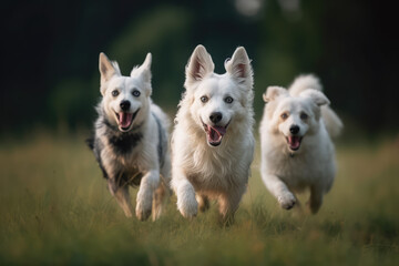 Cute funny dogs group running and playing on green grass in park, generative AI