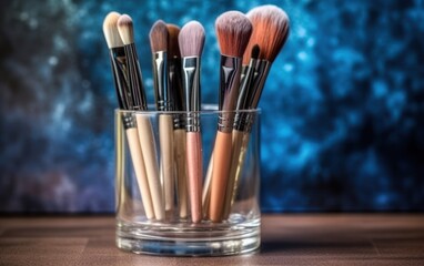 Makeup brushes in a glass. Clean professional makeup brushes set for make-up artist. AI Generative
