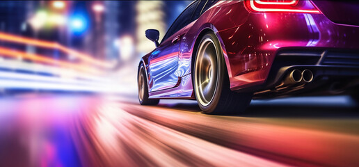 Fototapeta premium Sport car wheel drifting on night of city lighting background. Generative AI