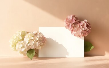 nvitation card mockup with hydrangea flowers on beige pastel background. AI Generative