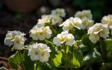 Fototapeta premium Primula Vulgaris. Spring white primrose flowers in garden. Floral background. Selective focus. AI Generative