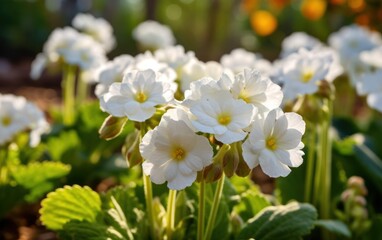 Fototapeta na wymiar Primula Vulgaris. Spring white primrose flowers in garden. Floral background. Selective focus. AI Generative