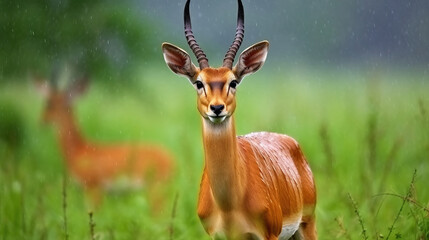 Naklejka na ściany i meble Graceful Wildlife, Captivating Kob Antelope in its Natural Habitat, Thriving in the Rain. Generative AI