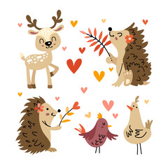 Obraz premium Vector illustration of cute forest animals including deer, hedgehog and bird. Isolated set with cute woodland forest animals in cartoon.