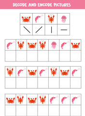 Decode and encode pictures. Write the symbols under cute sea animals.