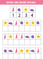 Decode and encode pictures. Write the symbols under cute sea animals.