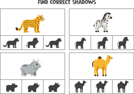 Find correct shadow of cute African animals. Printable clip card games for children.