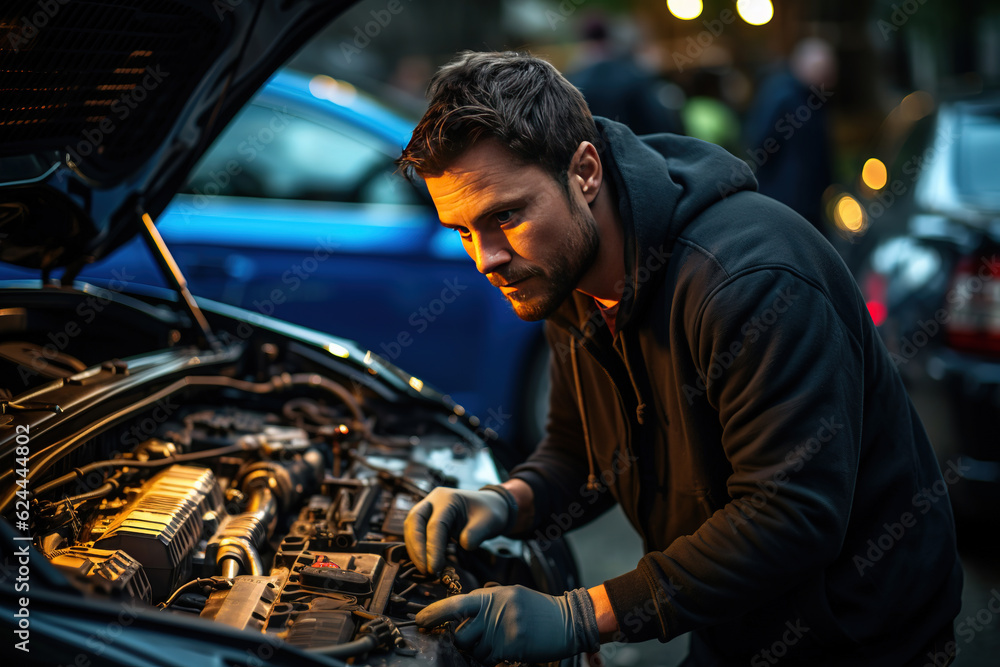 Poster a skilled mechanic fine-tuning a vehicle for optimal performance