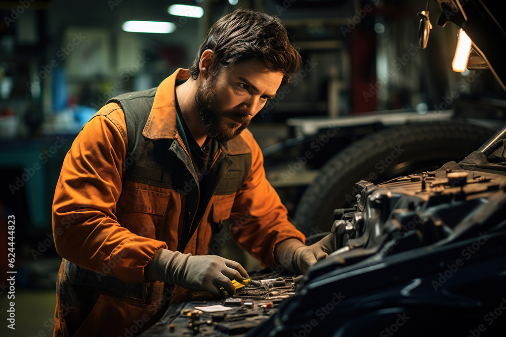 Poster a skilled mechanic fine-tuning a vehicle for optimal performance