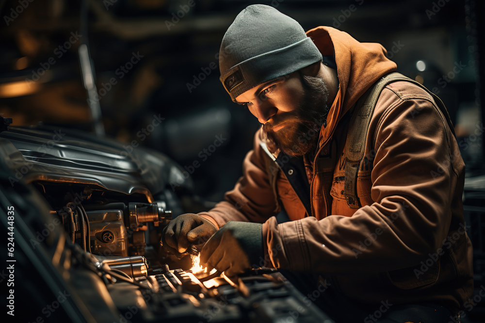 Poster a skilled mechanic fine-tuning a vehicle for optimal performance