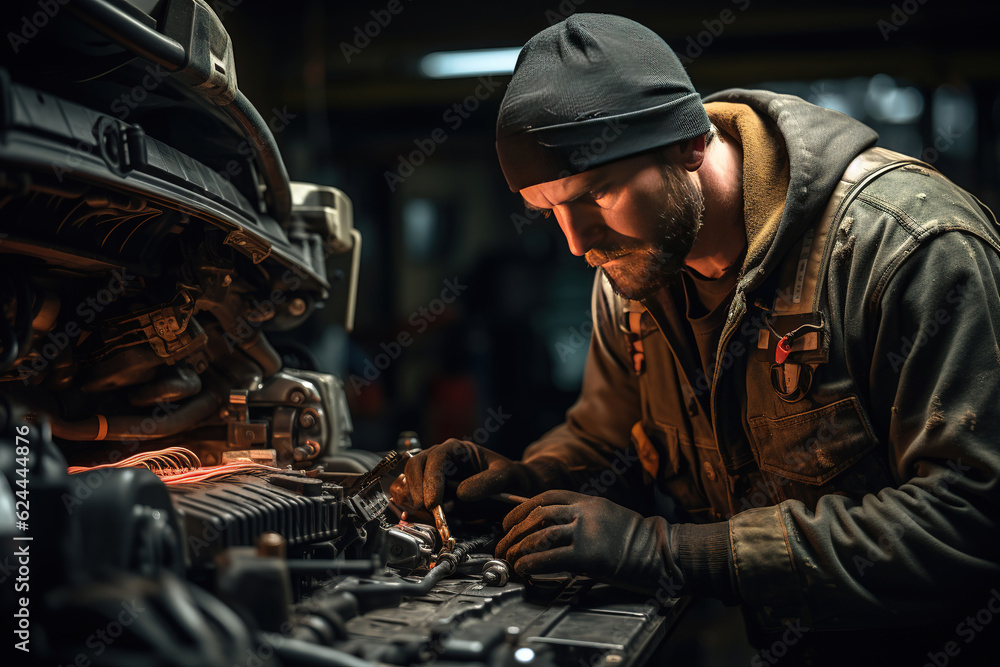 Poster a skilled mechanic fine-tuning a vehicle for optimal performance