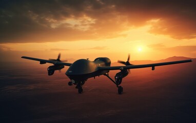 Naklejka premium Unmanned military drone on patrol air territory at high altitude at sunset. AI Generative