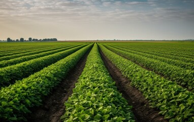 Fototapeta na wymiar View of soybean farm agricultural field against sky. AI Generative