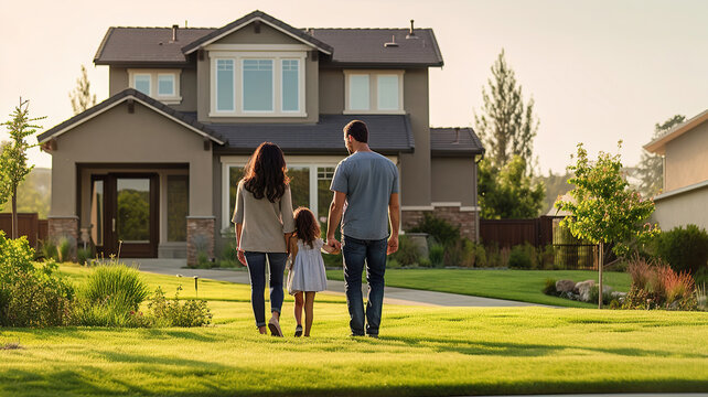 Young Family Looking At Their New Home Standing With Their Backs, Real Estate Purchase, Generative AI