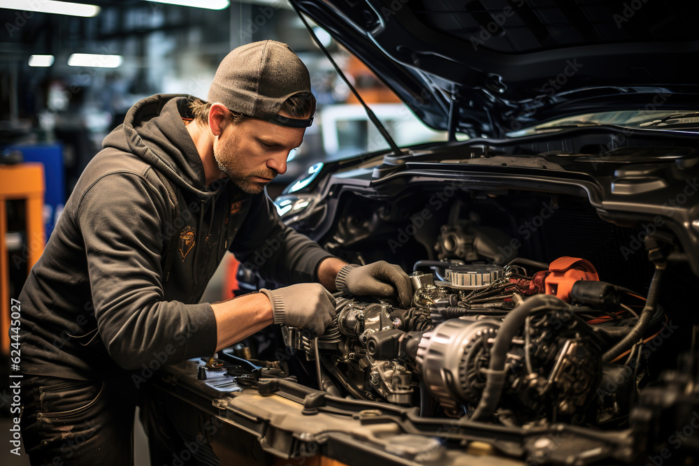 Poster a skilled mechanic fine-tuning a vehicle for optimal performance