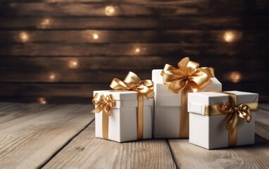 White gift boxes tied golden ribbons and bow on wooden background. AI Generative