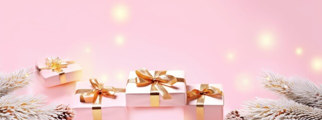 Fototapeta premium White gift boxes with golden bow with snowy fir branches on pastel pink background. AI Generative