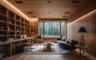 working library with modern wood paneling walls and ceiling with glazed partitions. AI Generative