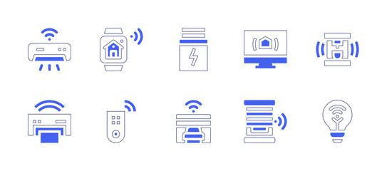 Domotic icon set. Duotone style line stroke and bold. Vector illustration. Containing air conditioner, smartwatch, battery, pc, coffee maker, printer, remote control, garage, window, smart light.