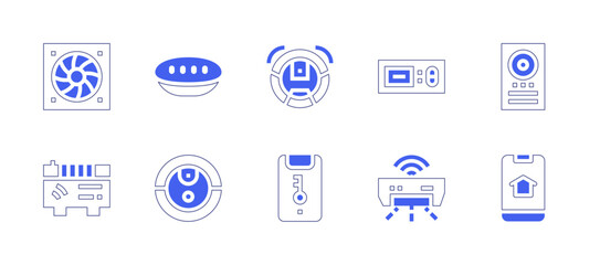 Domotic icon set. Duotone style line stroke and bold. Vector illustration. Containing fan, smart speaker, robot vacuum, thermostat, intercom, heater, robot vacuum cleaner, security, air conditioner.