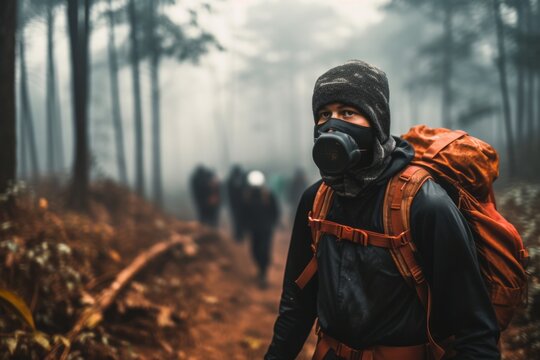 A thought-provoking photo of a hiker wearing a protective mask amidst a heavily polluted forest, urging viewers to take action against air pollution. Generative AI