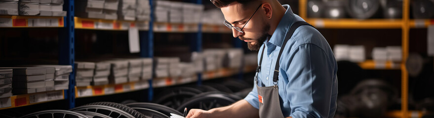 Auto Expertise: A Male Salesman in an Auto Shop Assessing Characteristics and Inventory