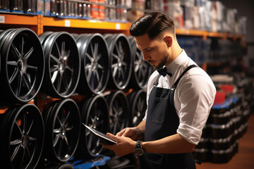 Auto Expertise: A Male Salesman in an Auto Shop Assessing Characteristics and Inventory