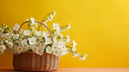 White flowers in wooden basket on yellow spring background flat lay, top view, Blurry background, template, Bokeh, Copy Space, Generative AI