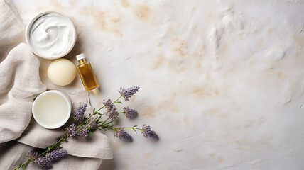 Spa still life with creams, essential oils, towels on light background. Healthy lifestyle, body care, Spa treatmen Flat lay, top view, Blurry background, template, Bokeh, Copy Space, Generative AI