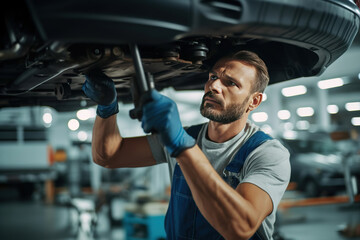 Expert Care Under the Lift: A Skilled Worker Repairing a Vehicle in a Car Service