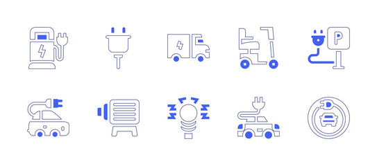 Fototapeta na wymiar Electricity icon set. Duotone style line stroke and bold. Vector illustration. Containing charging point, cable, electrical service, wheelchair, charging station, electric car, electric motor.
