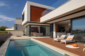 modern villa with open plan living and private bedroom wing with small terrace for relaxation, generative AI