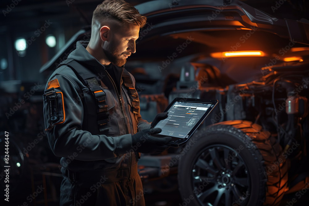 Poster digital precision: a technical service worker with tablet checking on a car in the garage