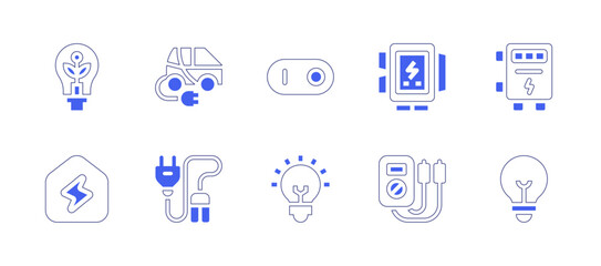 Electricity icon set. Duotone style line stroke and bold. Vector illustration. Containing eco electric, electric car, switch, electric panel, electrical panel, home, wire, idea, voltage, lightbulb.