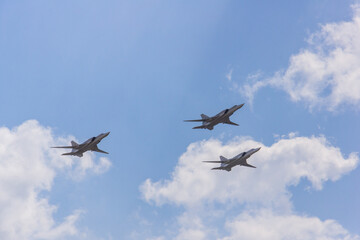 Long-range supersonic bombers-missile carriers in the sky. Three Tu-22M3 aircraft (NATO - Backfire)...