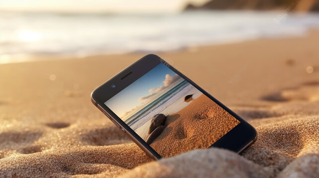 The smartphone lies buried in the sand on the beach, and takes a photo of the beach in the background. Copy space. Generative AI