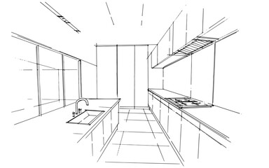 kitchen line drawing,a line drawing Using interior architecture, assembling graphics, working in architecture, and interior design, among other things.,house interior or interior design