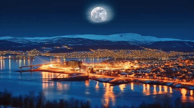 Arctic city of Tromso with bridge, Tromso, Elements of this image furnished by NASA. Generative AI
