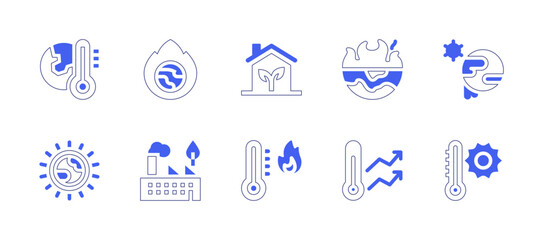 Global warming icon set. Duotone style line stroke and bold. Vector illustration. Containing global warming, eco house, sun, greenhouse gas, heat.