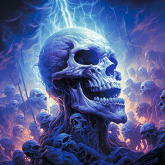 Obraz premium Death CD - Skulls on Lightning in Dark Blue and Sky-Blue Devil core with Detailed Shading