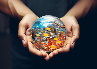 Hands holding a globe of an ocean with fishes concept. Environmental Conservation. Protection and love of the marine life.