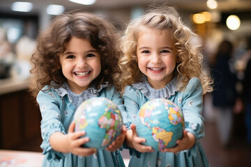 Earth's Embrace. Happy children hugging the Earth globe with their hands. Environmental awareness and love for our planet concept. AI Generative