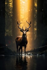 A bad deer alone fighting dramatic light dark fores | Generative AI