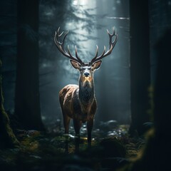 A bad deer alone fighting dramatic light dark fores | Generative AI