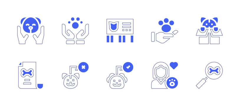 Pet adoption icon set. Duotone style line stroke and bold. Vector illustration. Containing pet, pet care, advertisement, pet insurance, kitty, contract, not adopted, adopted, owner.