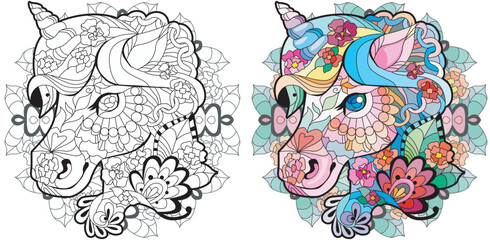 Cute cartoon unicorn on mandala. Fantastic animal. Black and white, linear, image. Color and outline set © Andreichenko