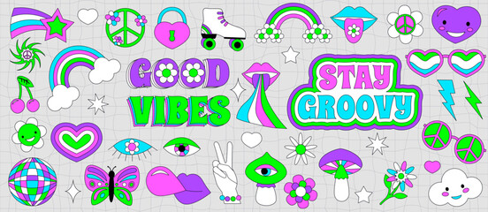 Groovy hippie sticker 70s set. Funny cartoon bright neon colors - flower, love, rainbow, peace, heart, daisy, mushroom, eye. Psychedelic pack in trendy retro style. Isolated vector illustration.