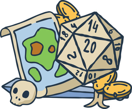 Dice d20 for playing Dnd. Dungeon and dragons board game. Treasures, paladin sword and skull with gold coins.
