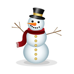 Snowman in a hat and scarf with gold buttons.  isolated on a white background. Vector illustration